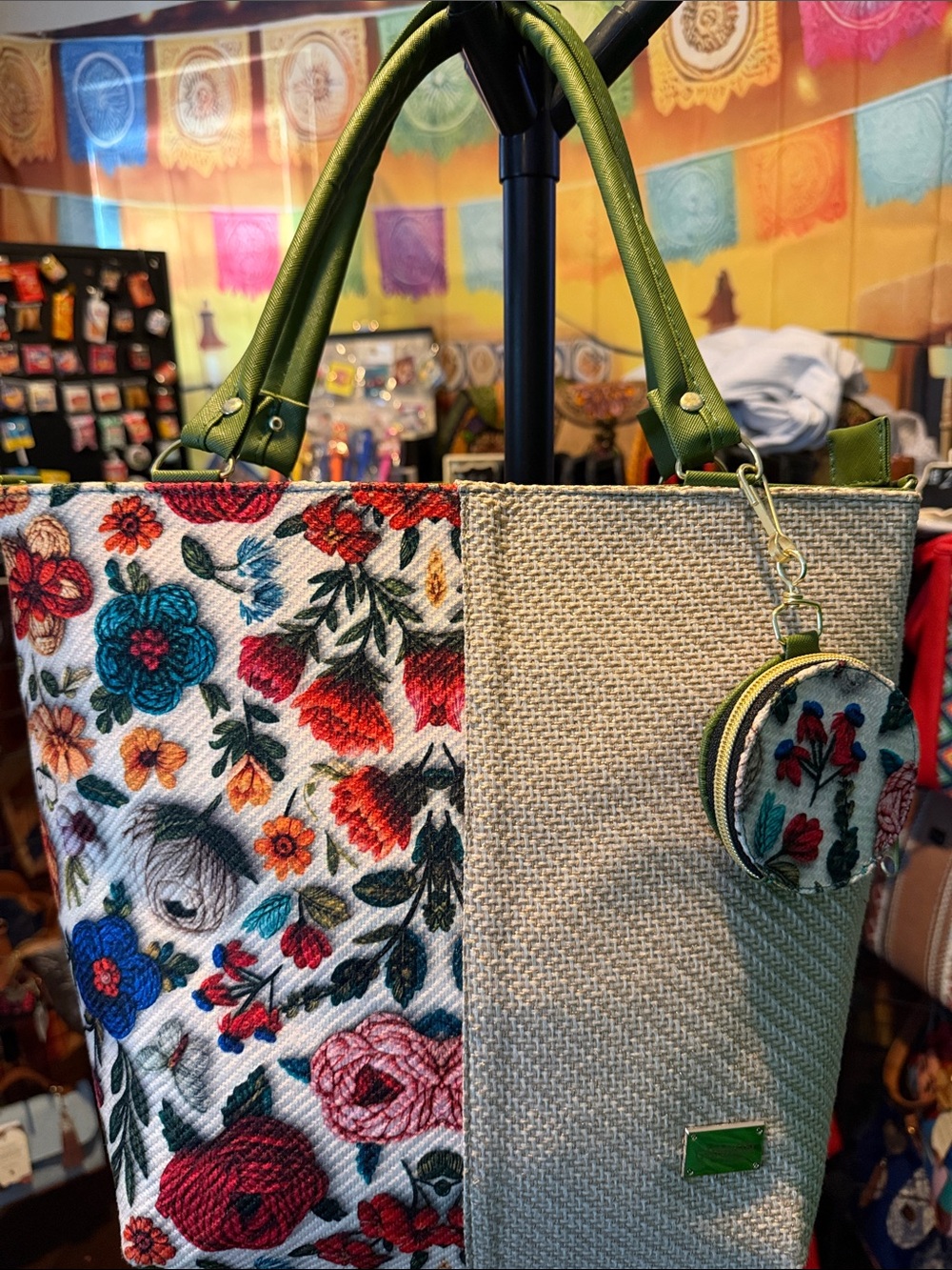 Floral Embroidered Tote with Green Handles